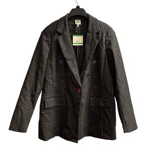 Anne Klein Blazer Womens L Black Metallic Silver Check Structured Jacket Holiday